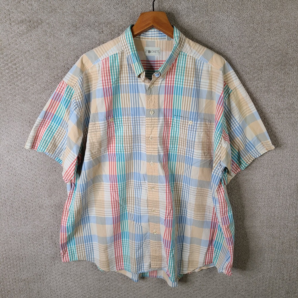 Vintage JT Beckett Shirt Mens 2XL Multicolor Plaid Short Sleeve Button‎ Down
